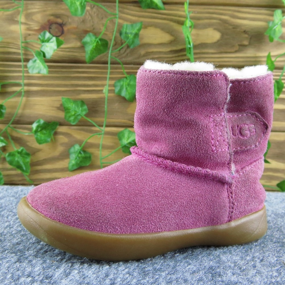 UGG Toddler Girls Size 6 Pink Suede Booties Hook & Loop Shearling Lined Cozy